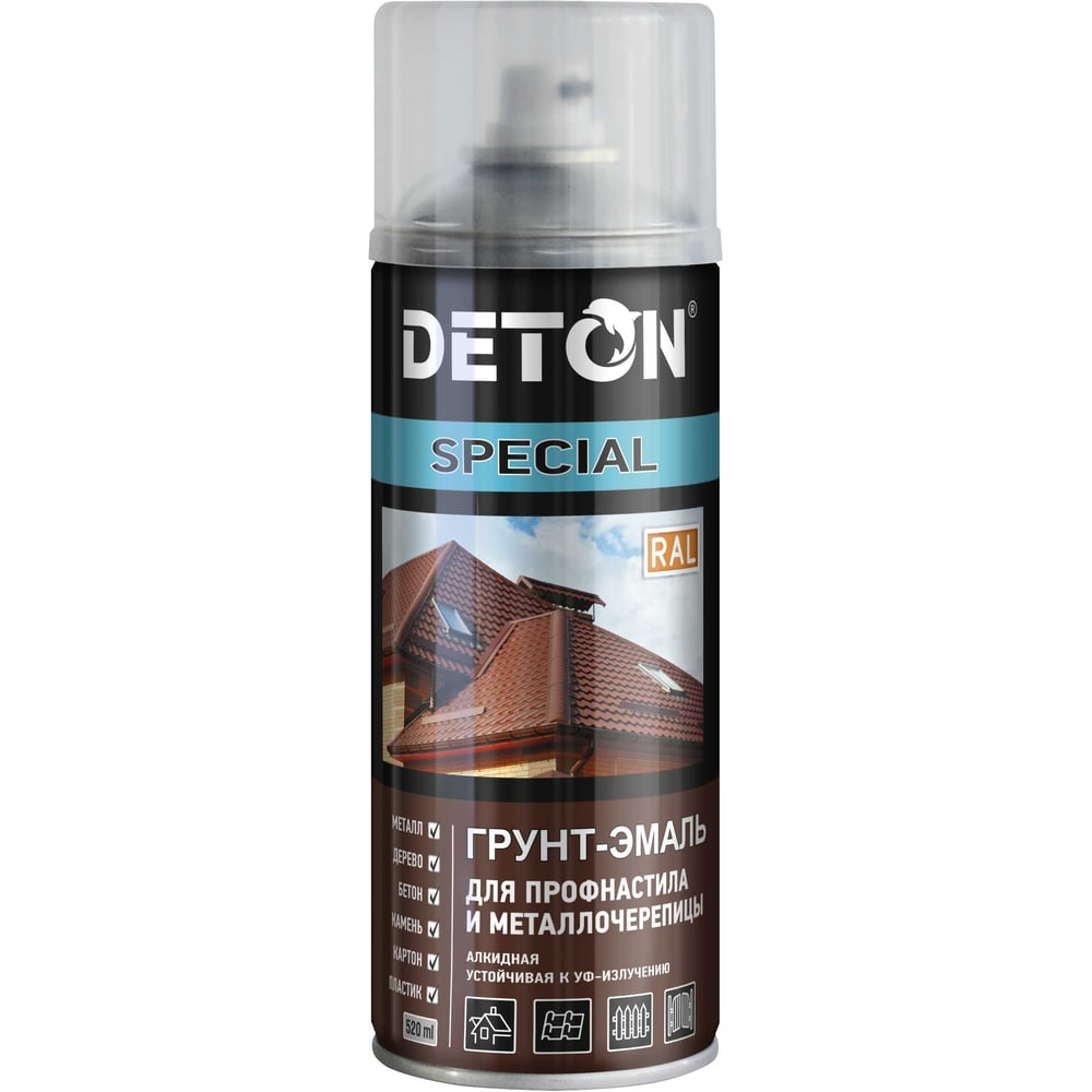 Изображение товара Грунт-эмаль для профнастила и металлочерепицы DETON пыльно-серый RAL 7037 аэрозоль 520 мл