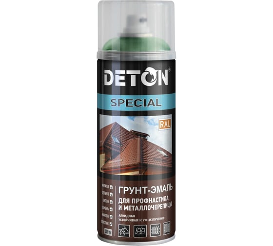 Изображение товара Грунт-эмаль для профнастила и металлочерепицы Deton SPECIAL зеленый лист, RAL 6002, аэрозоль 520 мл DTN-A07363
