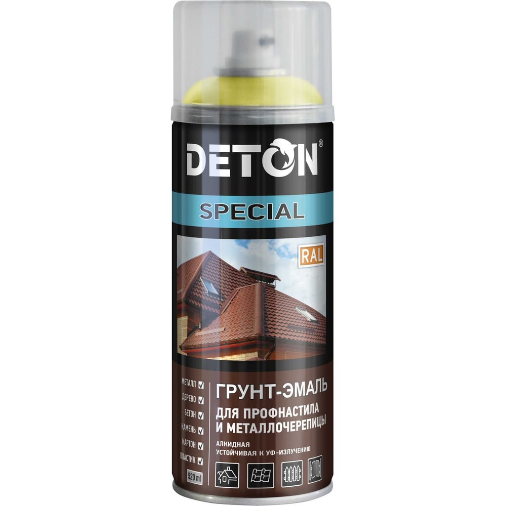 Изображение товара Грунт-эмаль для профнастила и металлочерепицы DETON цинковый желтый RAL 1018 аэрозоль 520 мл