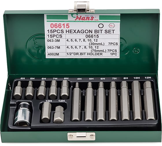 Изображение товара Комплект шестигранных бит (15 предметов) Hans 6615