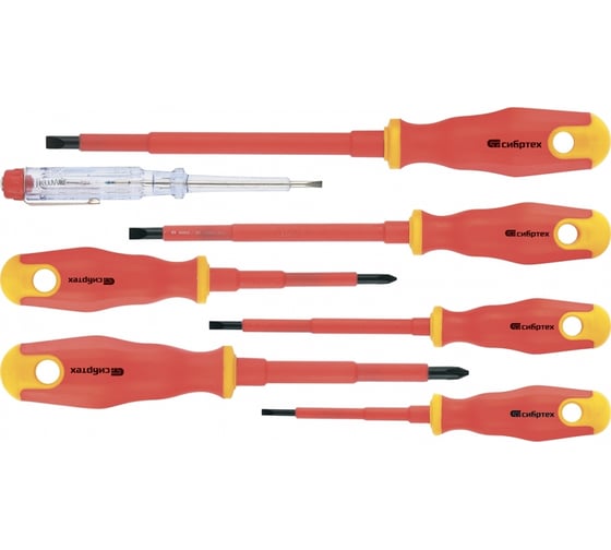 Изображение товара Набор диэлектрических отверток до 1000В СИБРТЕХ тестер, CrV,, двухкомпонентные рукоятки 7шт.// 12936