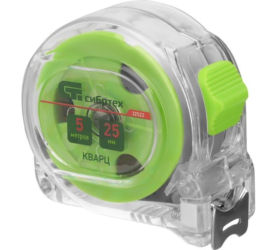Изображение товара Рулетка СИБРТЕХ Кварц прозрачный корпус, амортизатор, 5 м, 25 мм 32522
