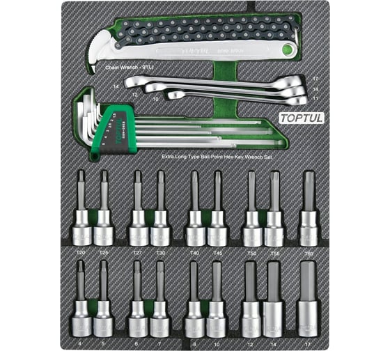 Изображение товара Набор торцевых насадок, Г-образных шестигранников и разрезных ключей TOPTUL 31 предмет в мягком ложементе GEB3109