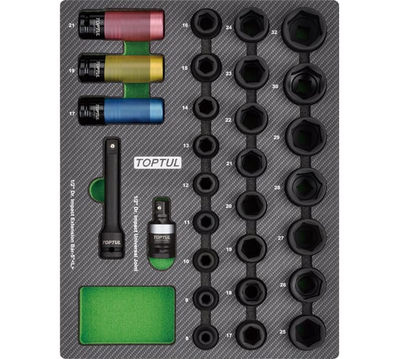Изображение товара Набор ударных головок 8-32 мм, 1/2", 29 предметов в мягком ложементе TOPTUL GEB2902
