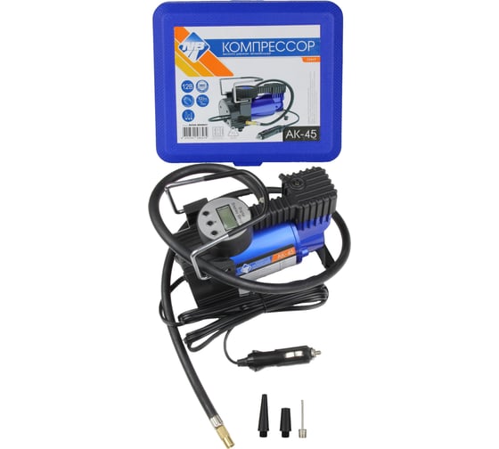Изображение товара Компрессор Nova Bright АК-45, до 45 л/мин., 100 PSI, 12В, синий металлический корпус, пластиковый кейс, цифровой манометр, автостоп 36449