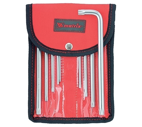 Изображение товара Набор удлиненных имбусовых ключей MATRIX TORX-TORX Tamper T10-T50, CrV, сатинирование, чехол, 9 шт. 12313