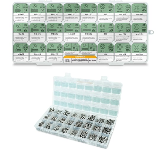 Изображение товара Набор нержавеющих болтов, гаек, шайб и гроверов KREPFIELD 1250 предметов в кейсе Набор03метрика1250
