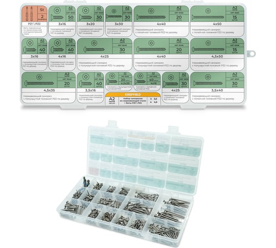 Изображение товара Набор нержавеющих саморезов по дереву KREPFIELD 474 предмета в кейсе Набор02дерево474