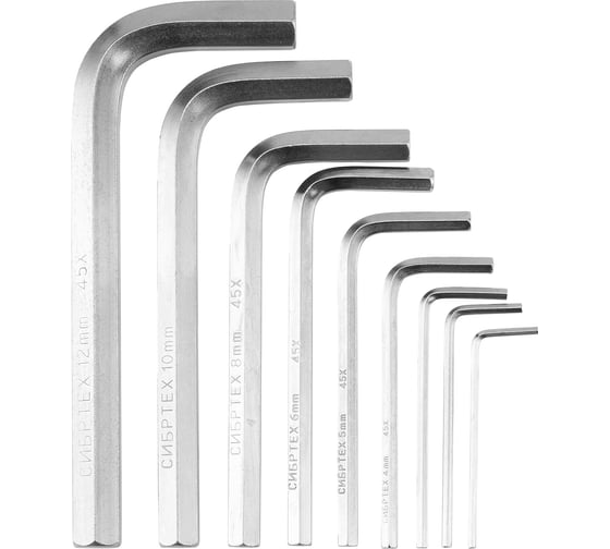 Изображение товара Набор коротких имбусовых ключей HEX, 2-12мм, 45Х, 9 шт, никель СИБРТЕХ 12316