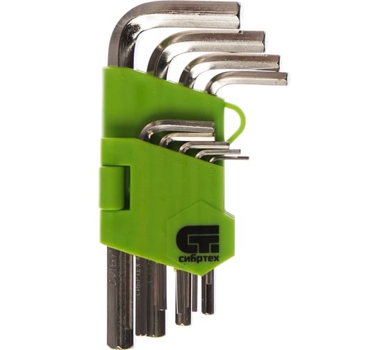 Изображение товара Набор имбусовых ключей HEX, 1.5-10мм, 45Х, СИБРТЕХ закаленные, 9 шт., короткие, никель.// 12317