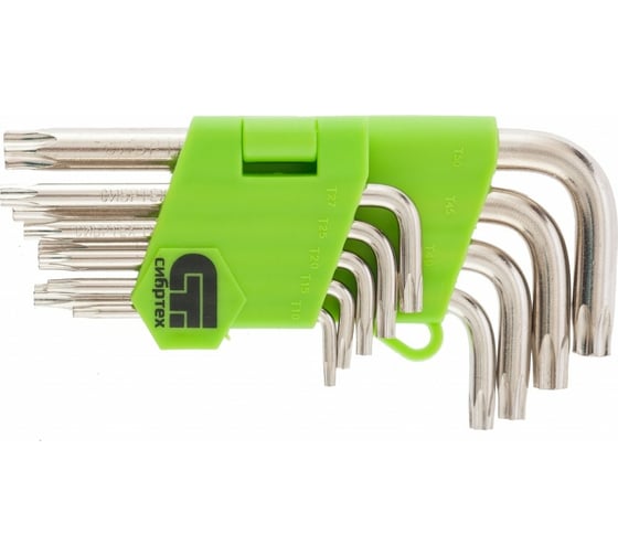 Изображение товара Набор имбусовых ключей Tamper-Torx, 9 шт: TT T10-T50, 45Х, СИБРТЕХ закаленные, короткие, никель.// 12321
