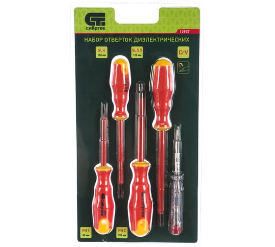 Изображение товара Набор диэлектрических отверток до 1000В, тестер, CrV, двухкомпонентные рукоятки, 5шт СИБРТЕХ 12937
