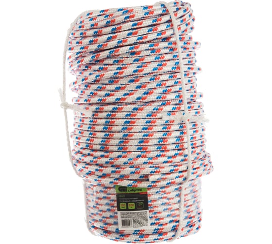 Изображение товара Плетеный 16-прядный полипропиленовый фал с сердечником 8мм, бухта 100м, 520кгс СИБРТЕХ Россия 93966