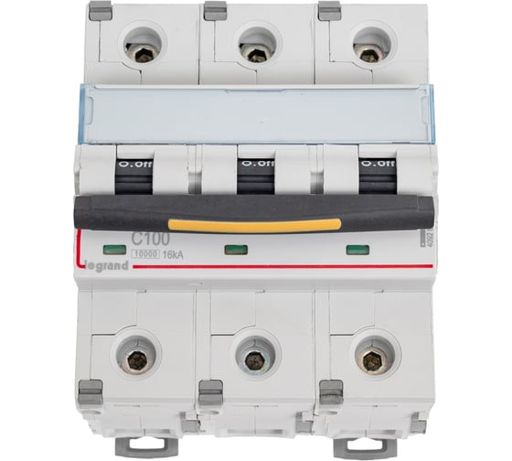 Изображение товара Автоматический выключатель Legrand DX³ 10000 16 кА тип характеристики С 3П 400 В~ 100 А 4,5 модуля 409281