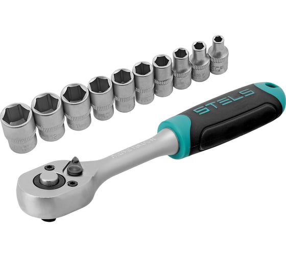 Изображение товара Набор торцевых головок, 1/4", головки 4-13 мм, с трещоточным ключом, CrV, 11шт STELS 14125
