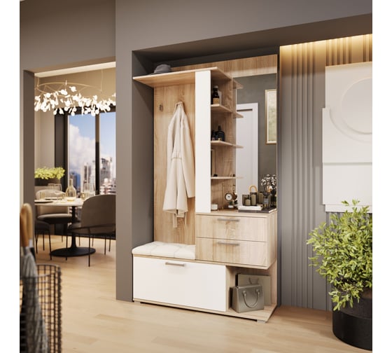 Изображение товара Комбинированная секция с крючками и зеркалом ТриЯ Эрика набор мебели для прихожей, дуб сонома/белый 102064