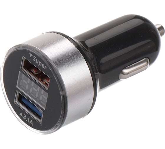 Изображение товара Автомобильное зарядное устройство REXANT 2хusb с дисплеем (азу) (1000+2100 ma) серебристая 18-1947