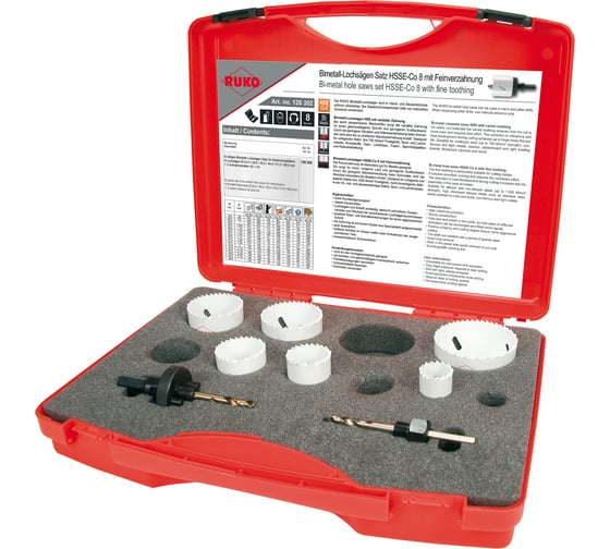 Изображение товара Набор коронок Bi-Metall HSSE-Co8 (6 шт; 22-68 мм; 2 адаптера) RUKO 126302