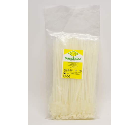 Изображение товара Кабельные маркировочные стяжки с продольной табличкой SapiSelco 200x4,8 мм, белые, уп. 100 шт. SEL.2.223T