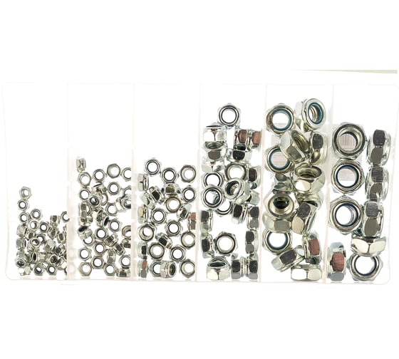 Изображение товара Набор самоконтрящихся гаек с нейлоновой вставкой СИБРТЕХ М4, М5, М6, М8, М10, М12 146 предметов 47613