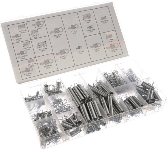 Изображение товара Набор пружин СИБРТЕХ 5,5x17, 5,5x35, 6,5x10, 7x12,5, 7x19, 9x35, 9,5x16, 9,5x19 мм, 200 предм.// 47602