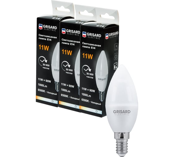 Изображение товара Светодиодная лампа Grisard Electric свеча С35 E14 11Вт 6500K (3 штуки) GRE-002-0111(3)