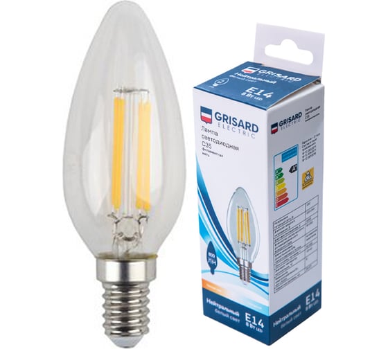 Изображение товара Светодиодная лампа Grisard Electric свеча С35 E14 8Вт 4000K филаментная нить (10 шт/уп) GRE-002-0099