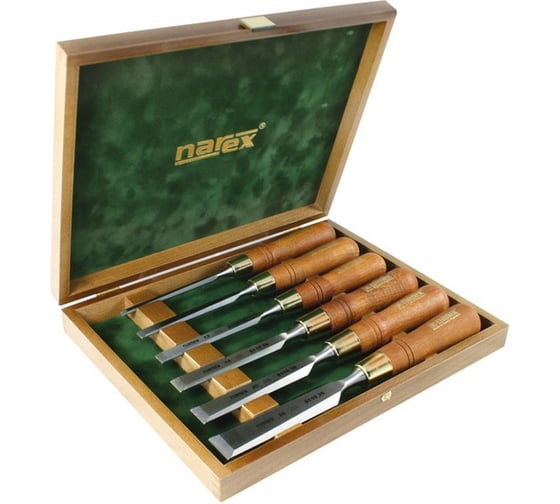 Изображение товара Набор из 6 плоских стамесок с ручкой 6, 10, 12, 16, 20, 26мм в деревянном кейсе NAREX WOOD LINE PLUS 853200