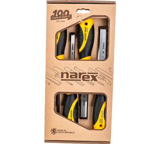 Изображение товара Набор из 4 плоских стамесок с ручкой NAREX SUPER 2009 LINE PROFI 6, 12, 20, 26 мм 860600