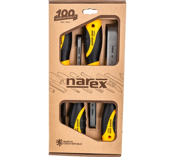 Изображение товара Набор из 4 плоских стамесок с ручкой NAREX SUPER 2009 LINE PROFI 8, 10, 16, 32 мм 860601