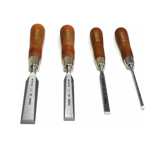 Изображение товара Набор из 4 плоских стамесок с ручкой NAREX WOOD LINE PLUS 6, 12, 20, 26 мм 863201