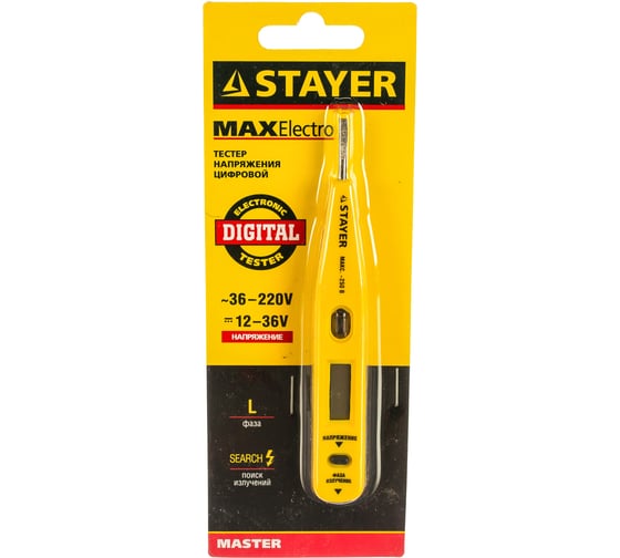 Изображение товара Цифровой тестер напряжения со световым индикатором 12-220В, 125мм STAYER MASTER 45290