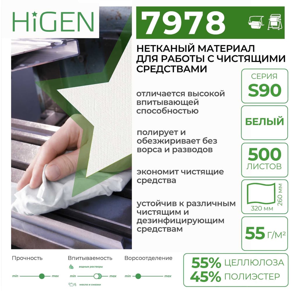 Универсальные безворсовые салфетки в рулоне Higen S90 белые, 72 gsm, 26x32 см, 55/45, 500 лст./рул. 7978