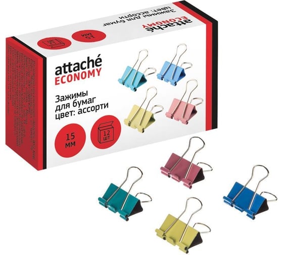 Изображение товара Зажимы для бумаг Attache Economy 15 мм, цветные, в картонной коробке, 12 упаковок по 12 шт 1238038