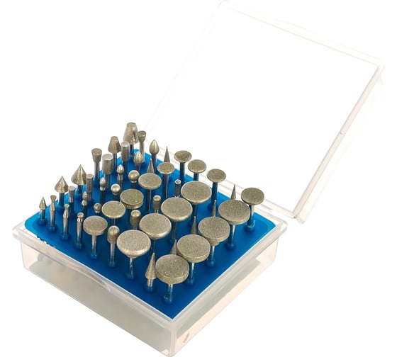 Изображение товара Набор мини-насадок с алмазным напылением ПРОФЕССИОНАЛ в пластиковом боксе (Р 180; хвостовик 3 мм; 50 предметов) Зубр 33383-H50