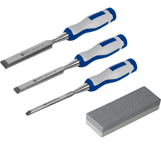 Изображение товара Набор плоских стамесок: 8, 16, 22мм, длина 140мм, CR-V, двухкомпонентные рукоятки, точильный камень, 3шт, кейс КОБАЛЬТ 245-688