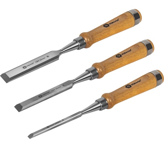 Изображение товара Набор плоских стамесок: 8, 16, 22мм, длина 140мм, CR-V, деревянные рукоятки, 3шт КОБАЛЬТ 245-862