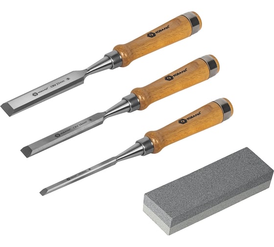 Изображение товара Набор плоских стамесок: 8, 16, 22мм, длина 140мм, CR-V, деревянные рукоятки, точильный камень, 3шт, кейс КОБАЛЬТ 245-886