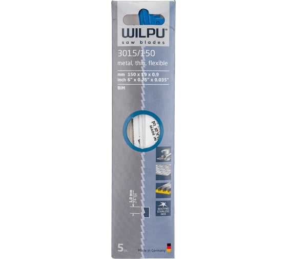Изображение товара Полотно по металлу 3015/150 Bi-metall (5 шт; 150х19х0.9 мм; 130 мм; 24 TPI) WILPU 1421500005