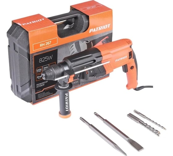 Изображение товара Перфоратор PATRIOT RH 267 SDS+, мощность 825 Вт, 2.8 Дж, 3 режима работы, макс.диаметр 26 мм, набор буров и долот, глубиномер, кейс 140301327