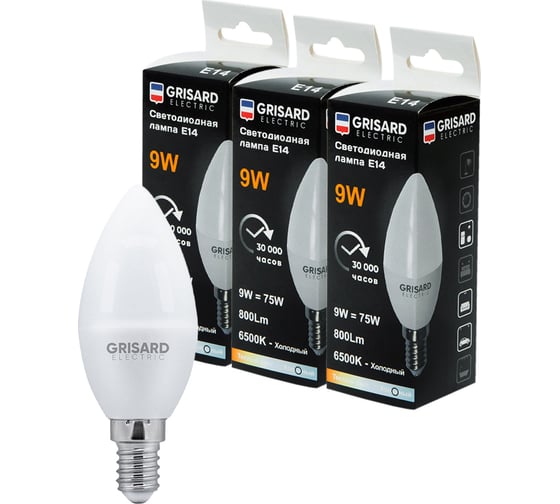 Изображение товара Светодиодная лампа Grisard Electric свеча С35 E14 9Вт 6500K (3 штуки) GRE-002-0098(3)