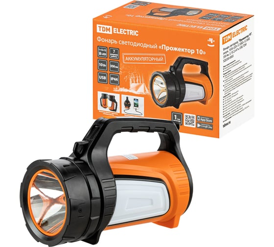 Изображение товара Светодиодный аккумуляторный фонарь TDM ELECTRIC "Прожектор 10", 10 Вт LED+12 SMD+12 SMD, 350 лм, 3,7 В 2,4 Ач, USB, SQ0350-0003