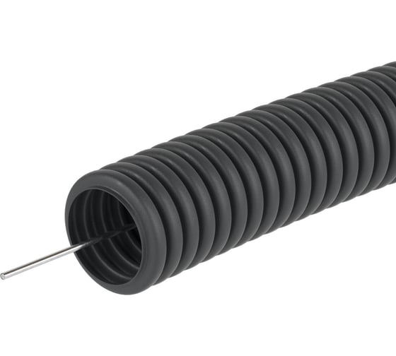 Изображение товара Гибкая гофрированная ПВХ труба DKC д.25мм, легкая, с протяжкой, 50м, цвет черный 91925B