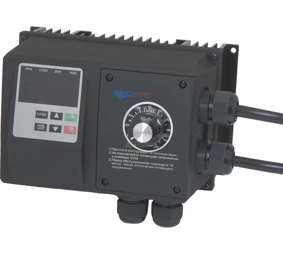 Изображение товара Преобразователь частоты INNOVERT IP54, выходной ток 5 А, встроенный потенциометр 0,75 кВт вход: 1фаза x 220В / выход: 3фазы х 220В IPD751P21B-VR