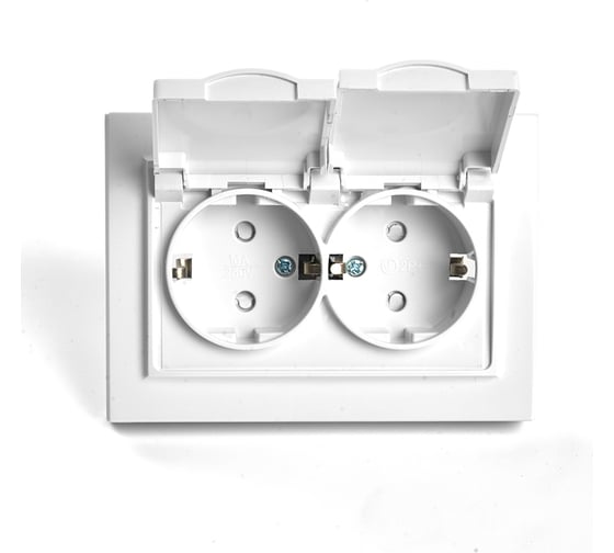 Изображение товара 2-местная розетка STEKKER с заземлением, с крышкой, PST16-9015-01, 250В, 16А, серия Эрна, белый 49139