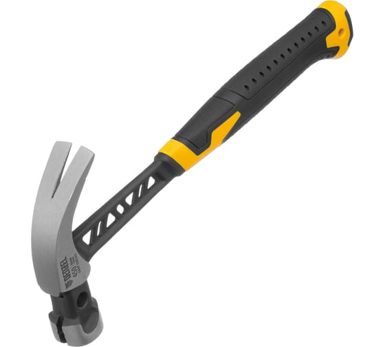 Изображение товара Цельнокованый молоток-гвоздодёр Denzel 450 г, боек с магнитом, двухкомпонентная обрезиненная рукояка 10466