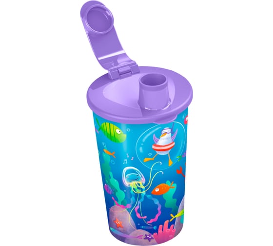 Изображение товара Стакан Пластишка с клапаном и декором морское диско, 400 мл, сиреневый 431330503
