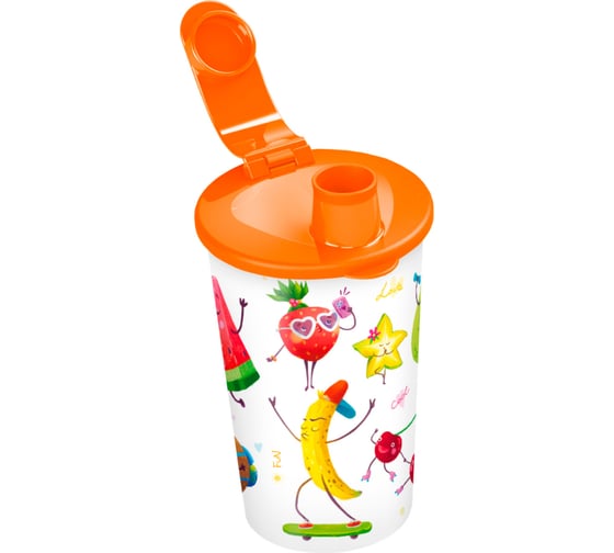 Изображение товара Стакан Пластишка с клапаном и декором фруктовая вечеринка, 400 мл, оранжевый 431330508