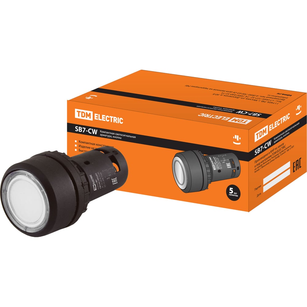 Изображение товара Кнопка TDM ELECTRIC SB7-CW3161-24V(LED) d22мм 1з белая SQ0746-0024