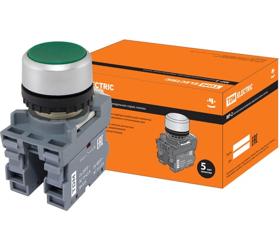 Изображение товара Кнопка с фиксацией TDM ELECTRIC MP2-20G в сборе d22мм 1з+1р зеленая SQ0747-0008